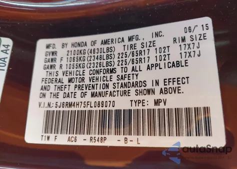 2015 Honda Cr-V Ex-L from USA, damaged, VIN 5J6RM4H75FL089070